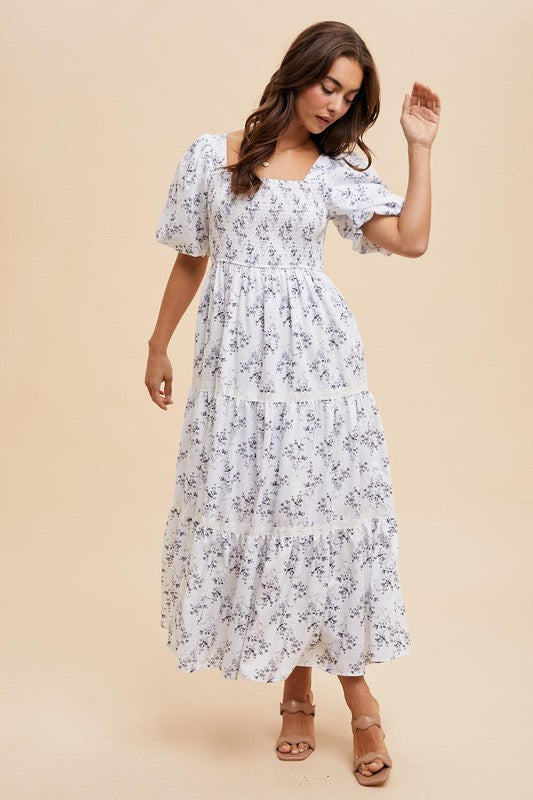 COTTON FLORAL SMOCKED MAXI