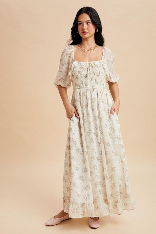 Ivory Smocked Floral Ruffle Maxi Dress