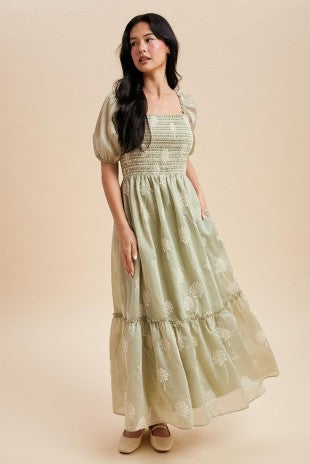 Sage Embroidered Smocked Maxi Dress