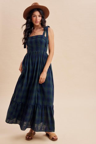Green Plaid Cotton Maxi Dress