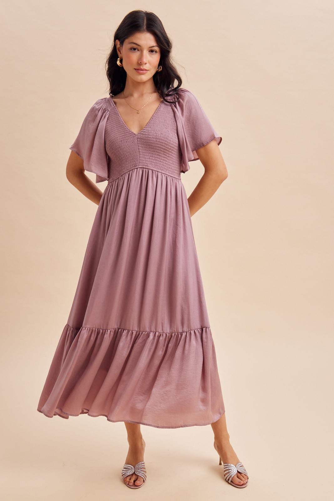 Plum Smocked Satin Midi Dress