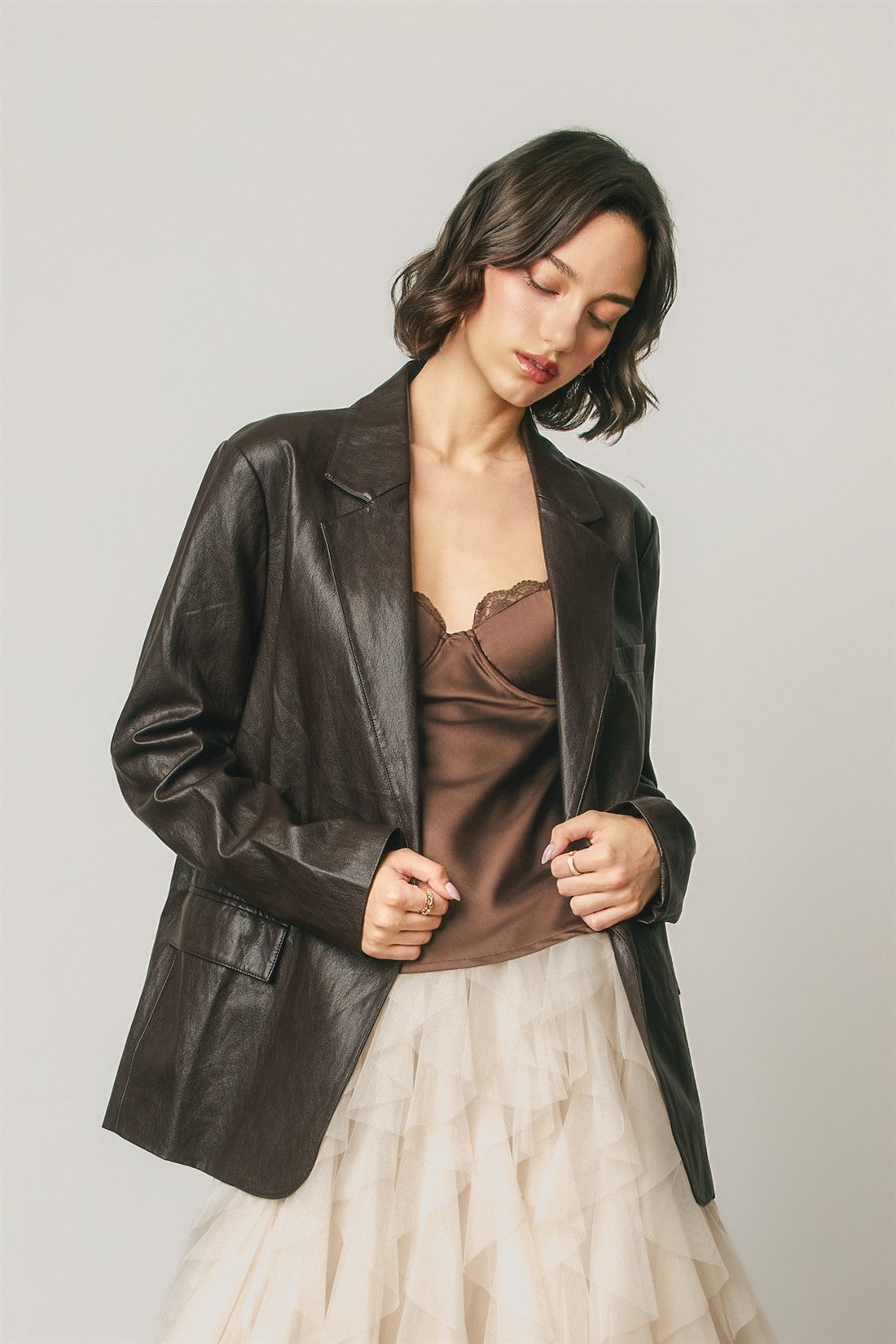 Brown Faux Leather Blazer Jacket