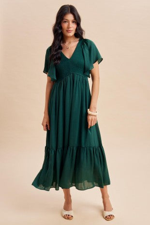 Pine Smocked Satin Midi Dress