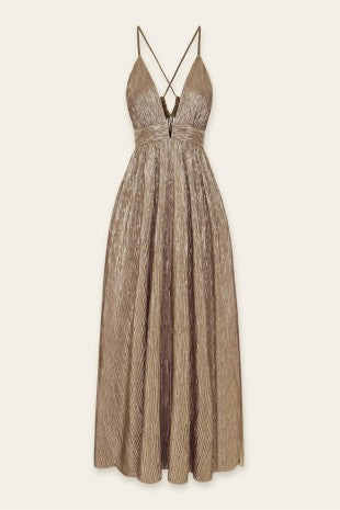 Gold Foiled Plunging Maxi Dress