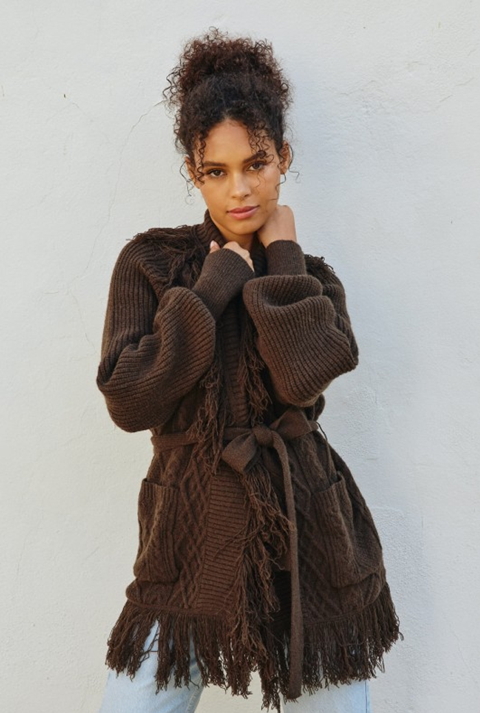 Espresso Cable Knit Fringe Cardigan
