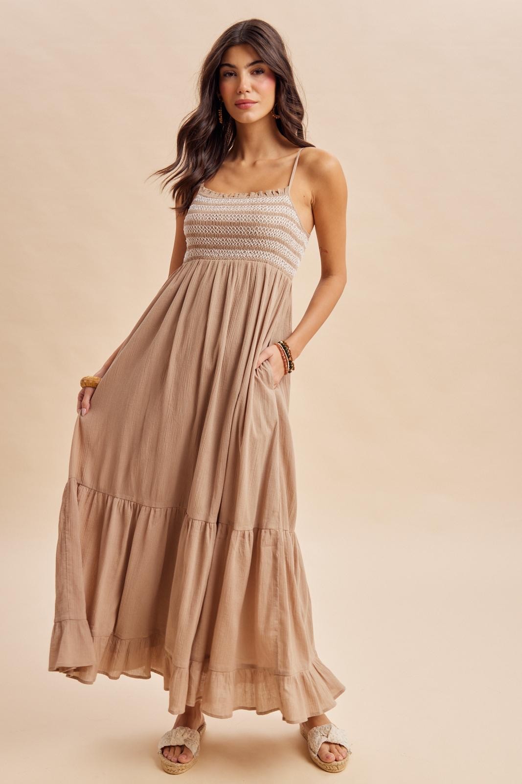 Taupe Contrast Smocked Maxi Dress