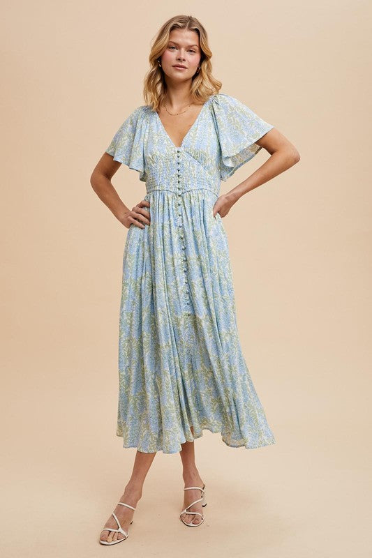 FLORAL SMOCKED BUTTON MAXI