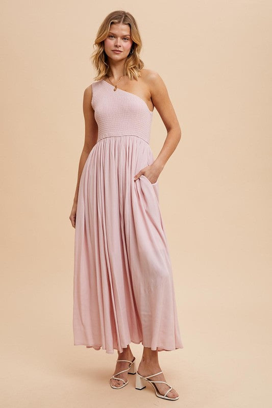 SMOCKED ONE SHOULDER VISCOSE DRESS