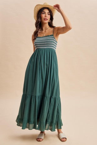 Pine Contrast Smocked Maxi Dress