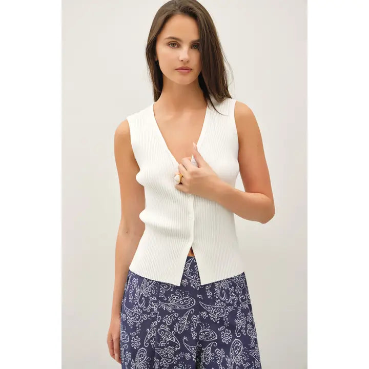 White Ribbed V-Neck Button Up Vest