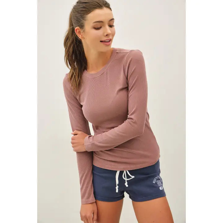 Rose Ribbed Crewneck LS Top