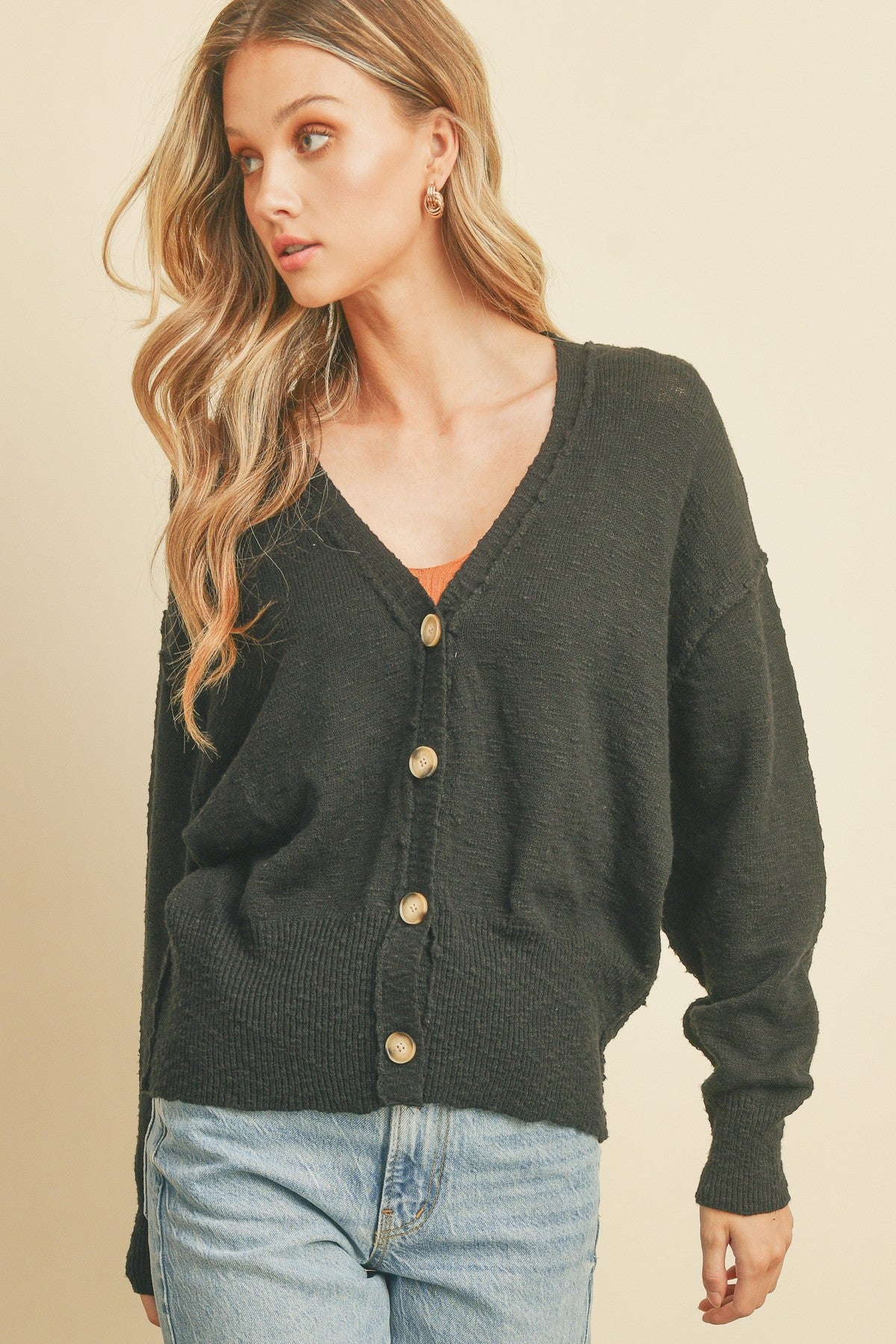 Black Cotton V Neck Cardigan