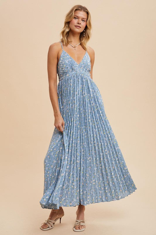 SKY PLEATED FLORAL MAXI DRESS
