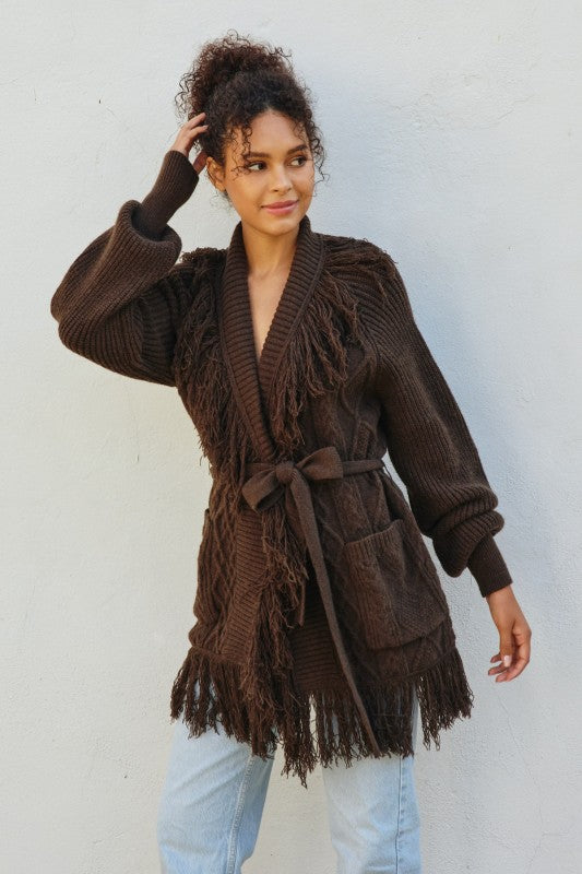 Cable Detail Fringe Long Cardigan