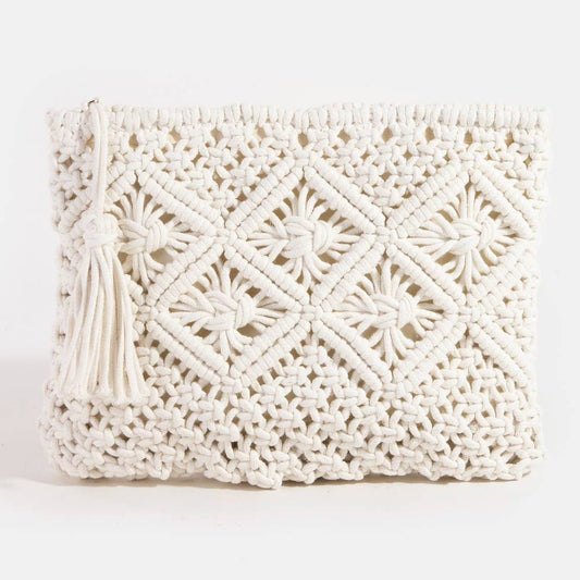 Ivory Crochet Clutch Tassel Bag