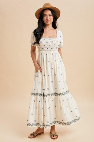 Ivory Smocked Embroidered Maxi Dress
