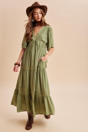 Green Tencel Lace Trim Maxi Dress
