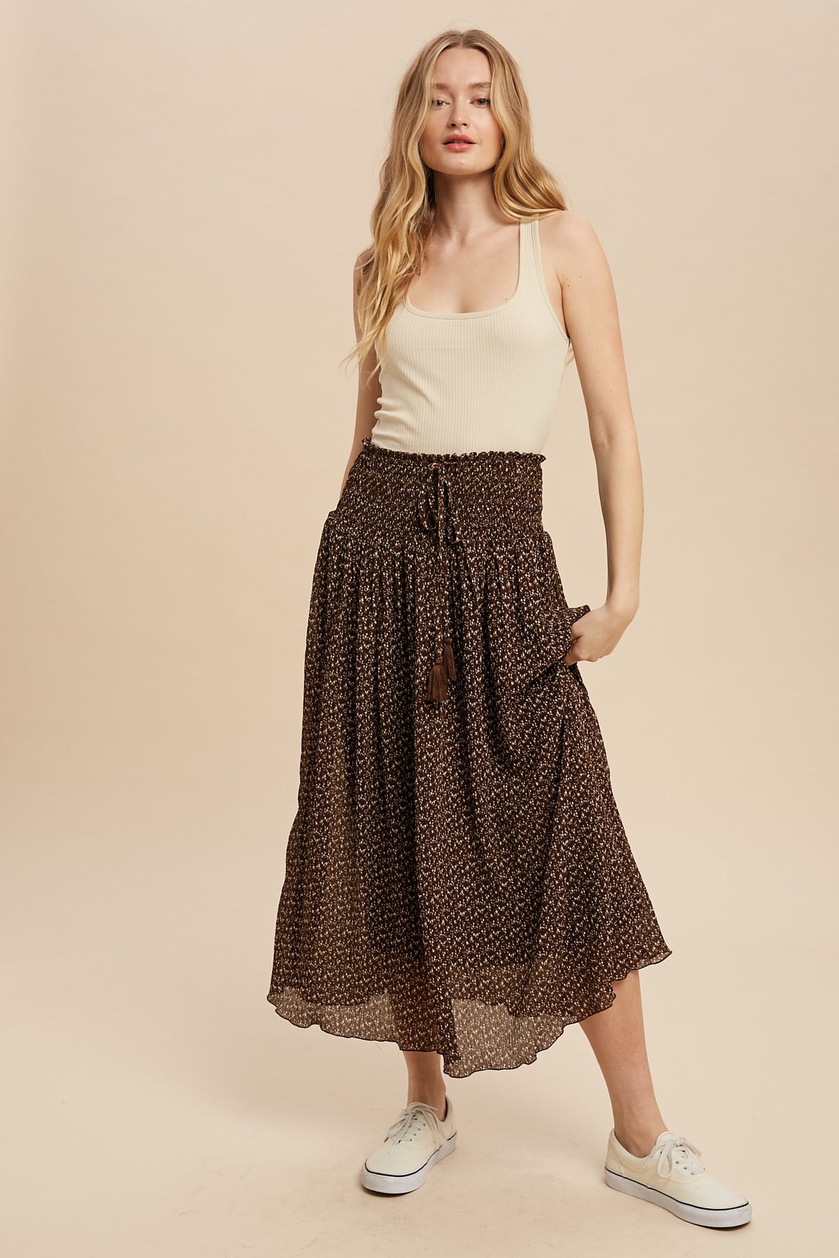 BrownFloral Print Smocked Midi Skirt