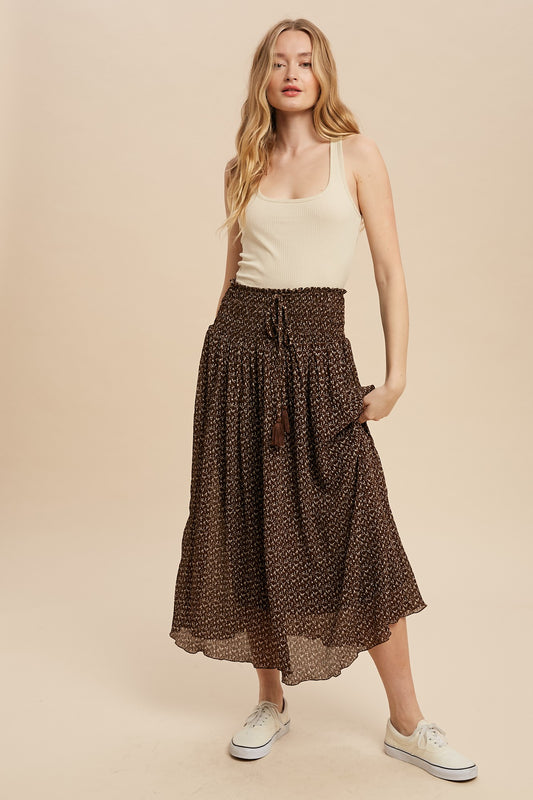 BrownFloral Print Smocked Midi Skirt