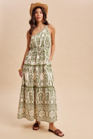 Palm Resort Print One Shoulder Maxi