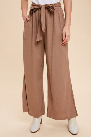 Tan Elastic Waist Wide Leg Pants