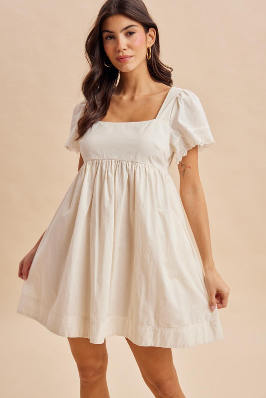 Ivory Cotton Lace Trim Mini Dress