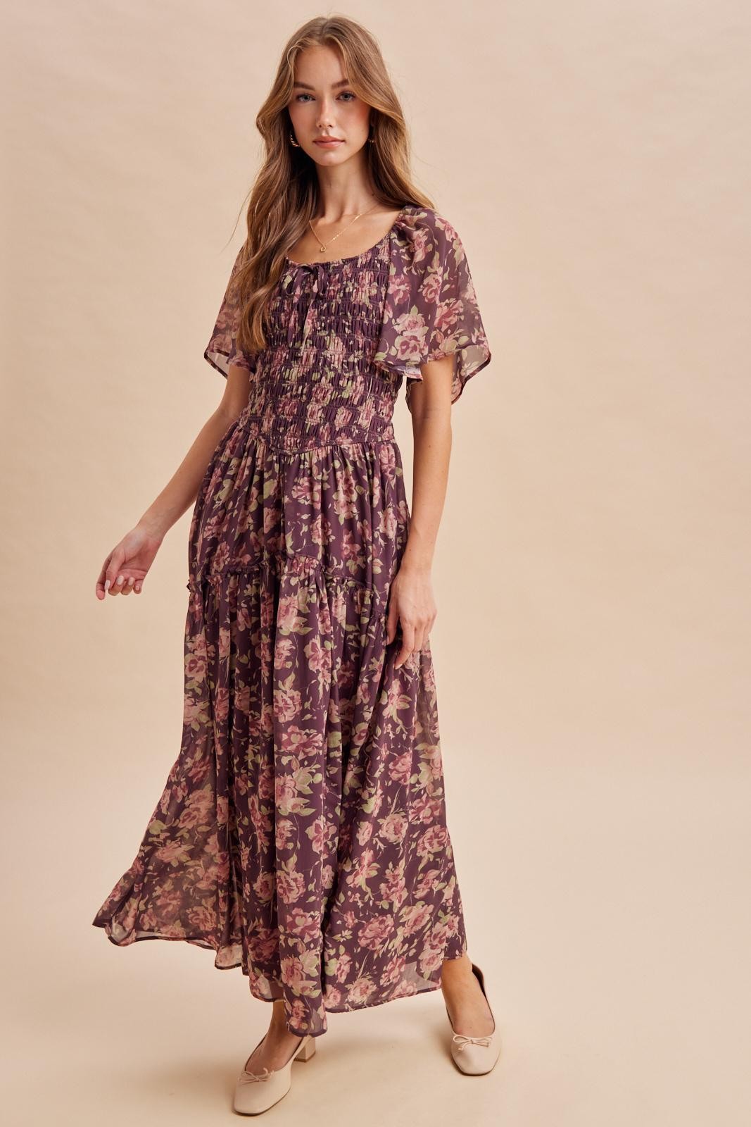 Plum Flutter Sleeve Floral Maxi