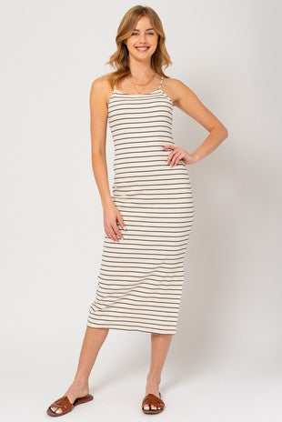 Sleeveless Side Slit Stripe Midi Dress