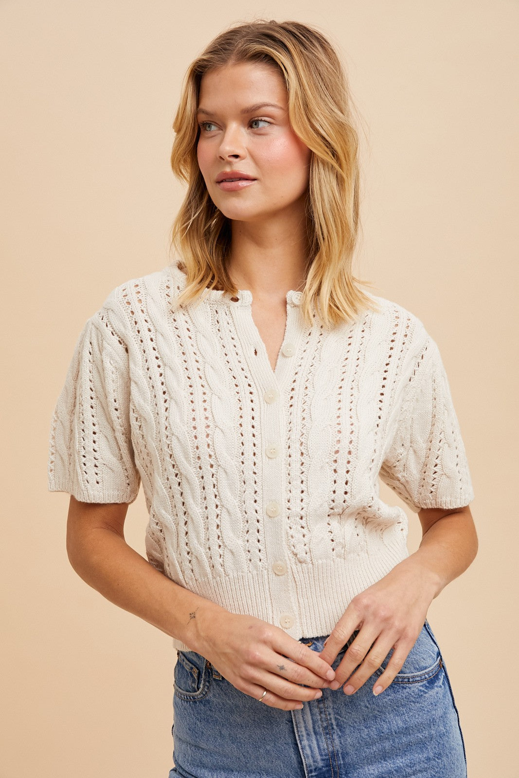 Cable Knit Puff Sleeve Cardigan
