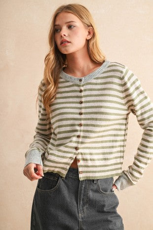 Blue Striped Pattern Button Front Cardigan