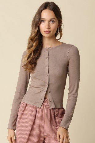 Mocha Button Down LS Top