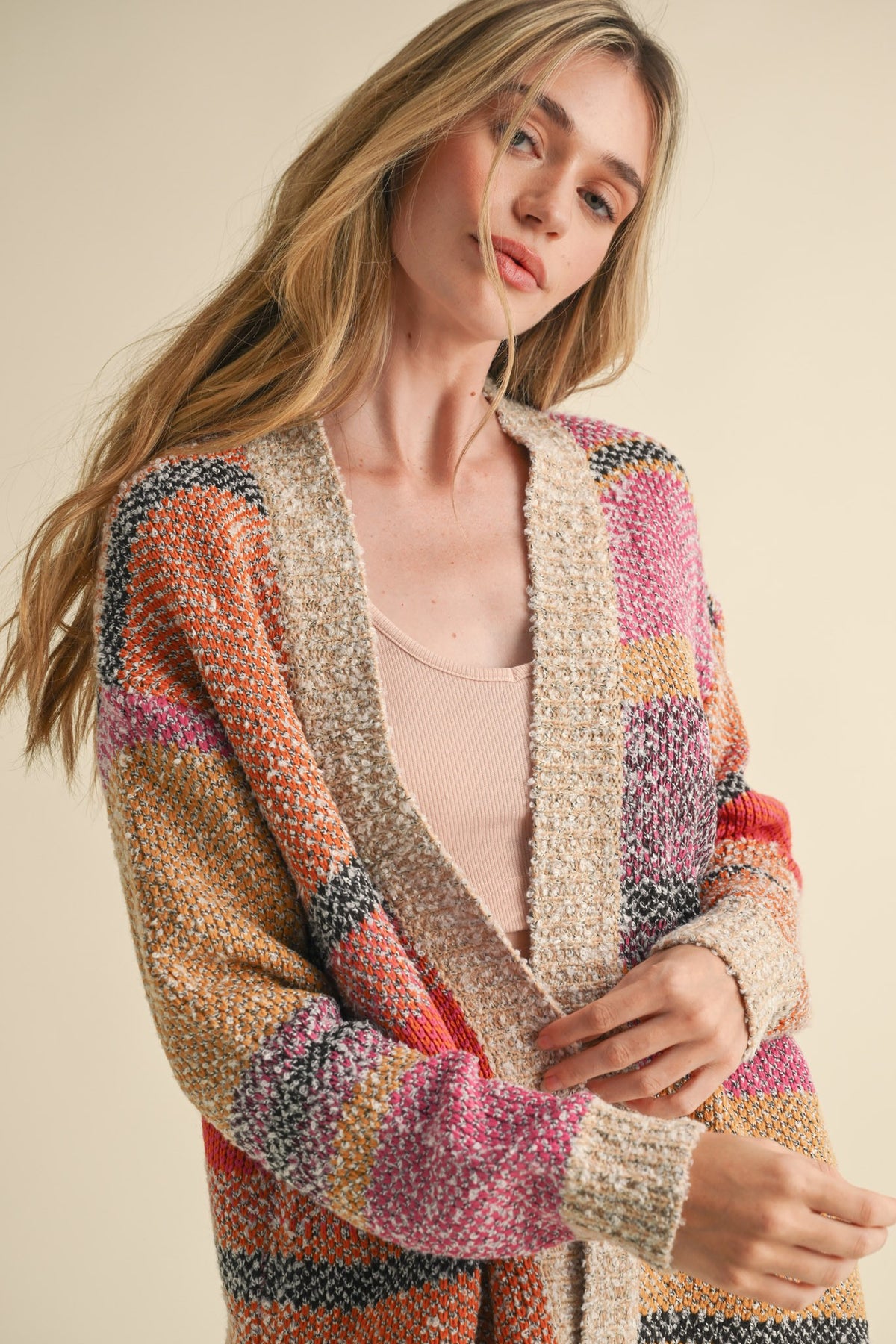 Fuschia Color Block Cardigan