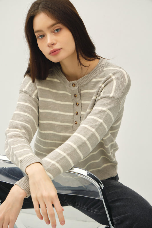 Light Blue Striped Slub Henley Sweater