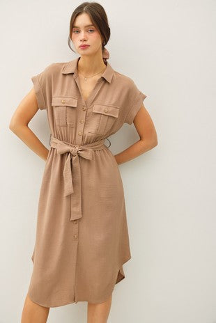 Button Up Short Sleeve Midi Dress