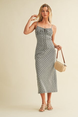 Plaid Drawstring Neck Midi Dress
