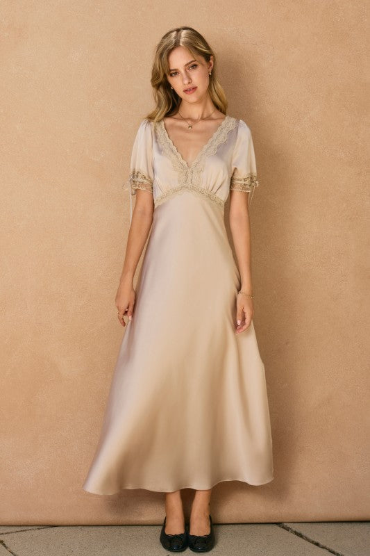 Champagne Lace Trim Midi Dress