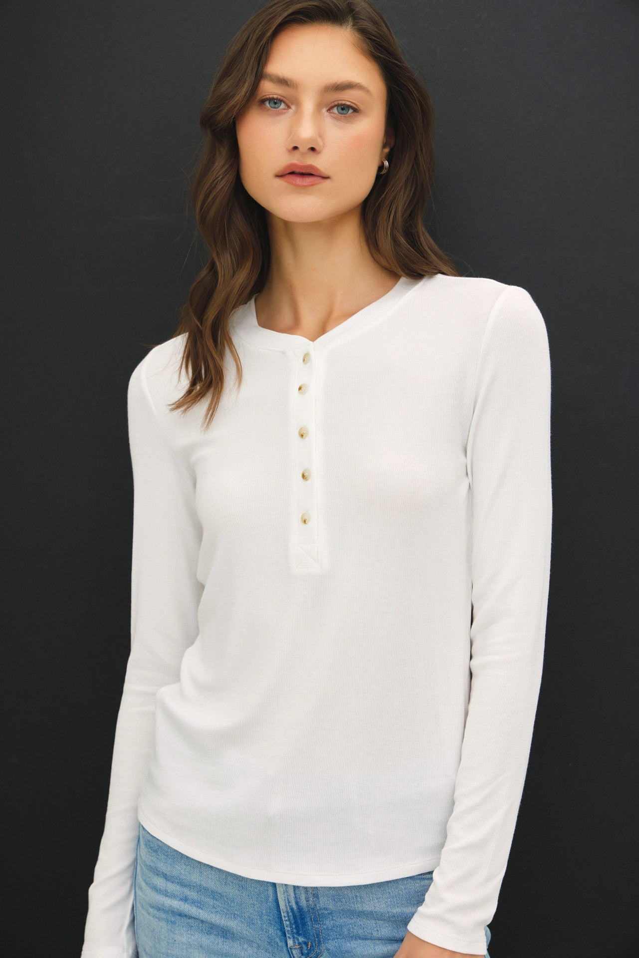 White Ribbed LS Henley Top