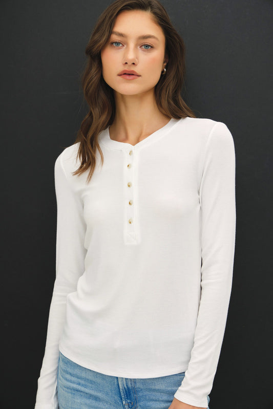 White Ribbed LS Henley Top