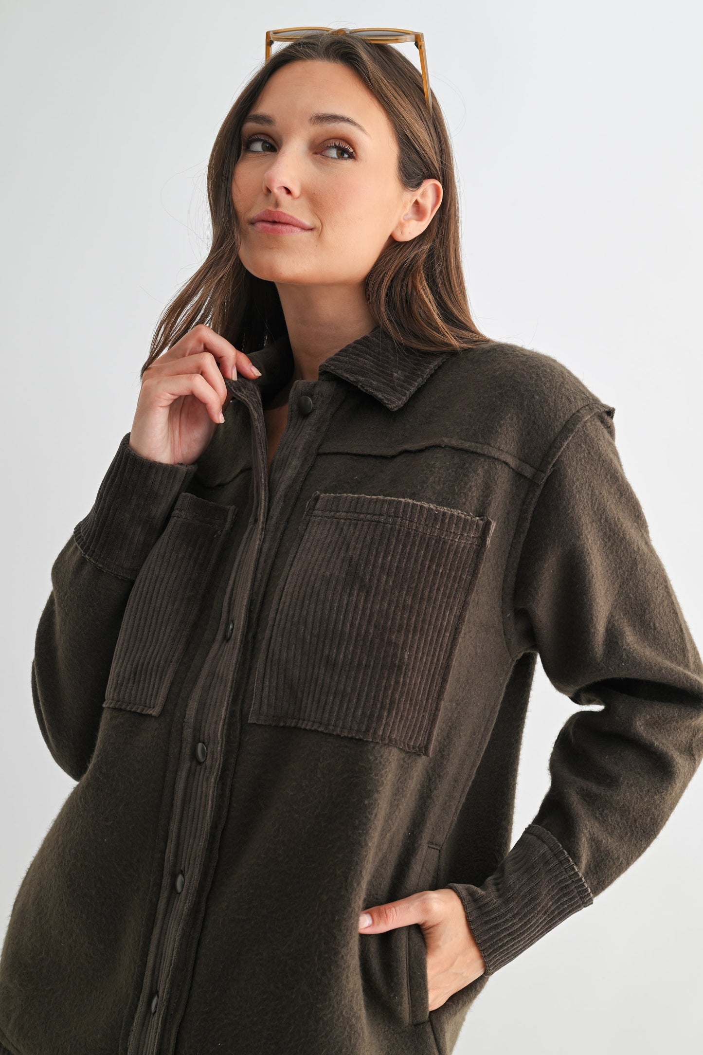 Dark Olive Corduroy & Fleece Shacket