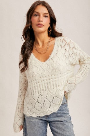 White Crochet V-neck Sweater Top