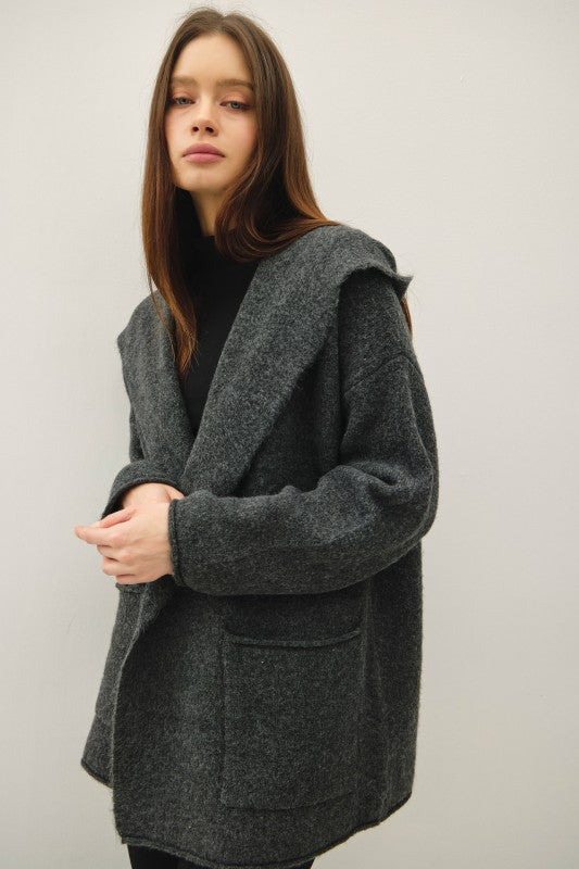 Charcoal Hooded Open Cardigan