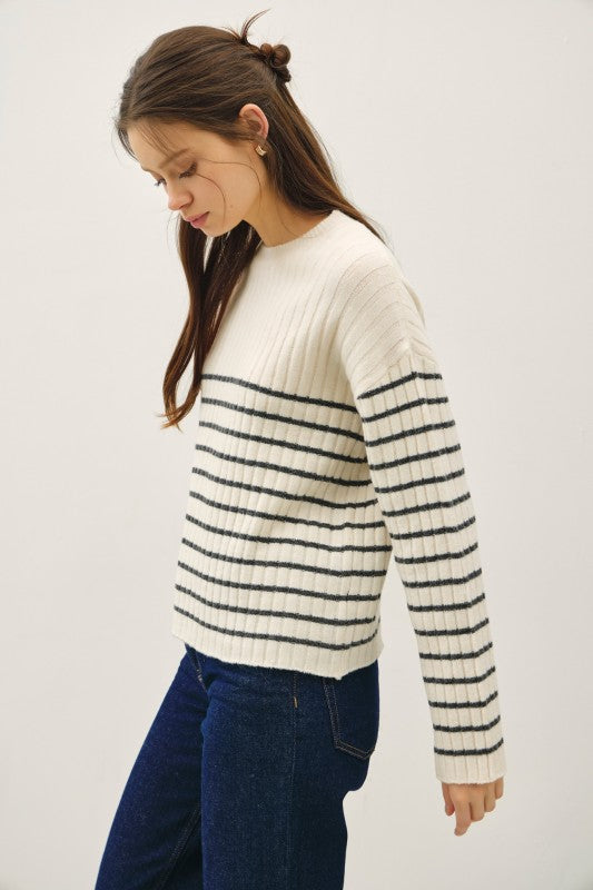 Ivory Ribbed Stripe Sweater Top