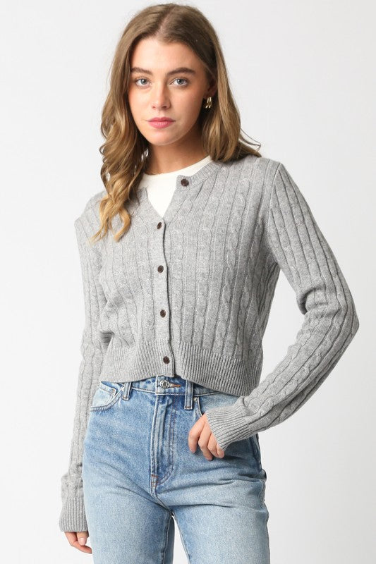 Heather Gray Cable Knit Cropped Sweater Top