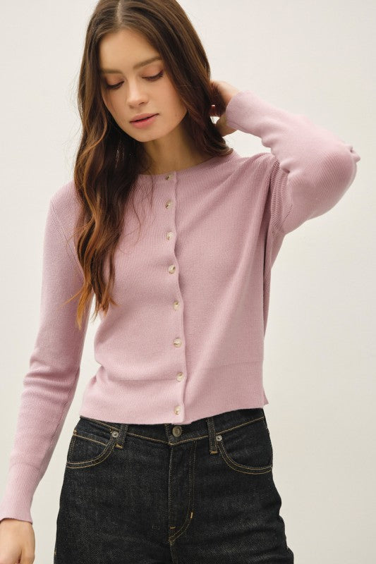 Mauve Ribbed Crewneck Cardigan