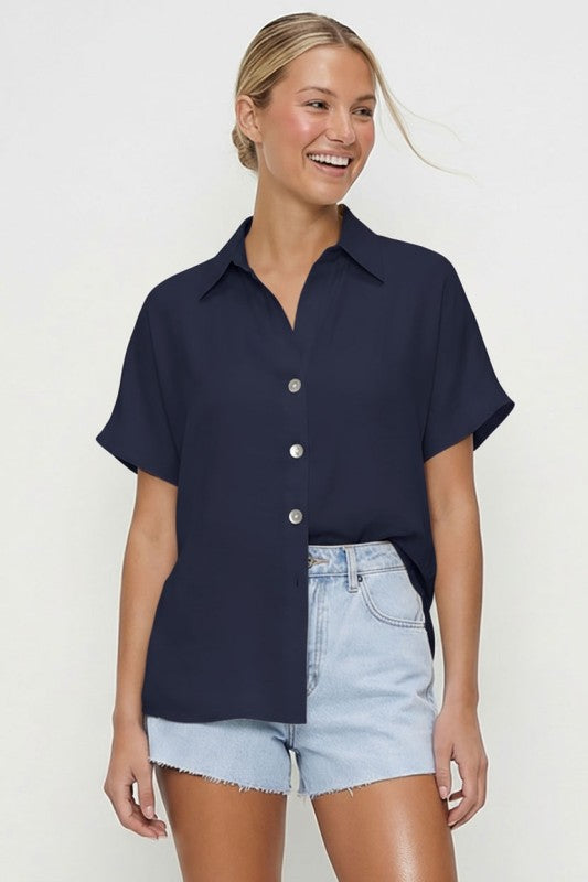 Midnight Drop Shoulder Button Up Blouse