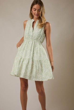 V Neck Button Up Sleeveless Print Dress
