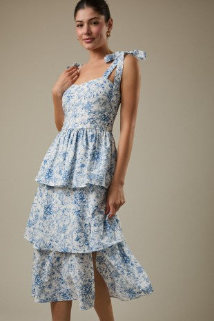 Blue Floral Neck Tie Strap Floral Print Dress