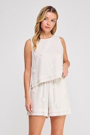 White Soft Linen Floral Tank