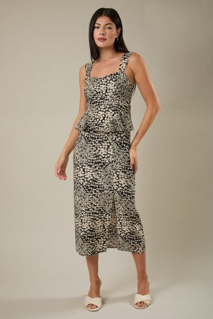 Mixed Peplum Midi Dress With Slit