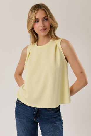 Yellow Round Neck Sleeveless Pleated Top